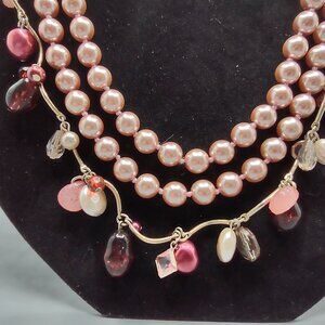 2 Vintage Necklaces Pink Faux Pearls-44"L  & Berry/White Beads 30"L